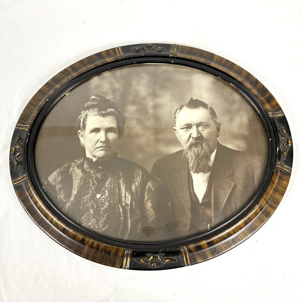 Antique Victorian Wood Framed Portrait Faux Tiger Oak Gesso Details 16x20